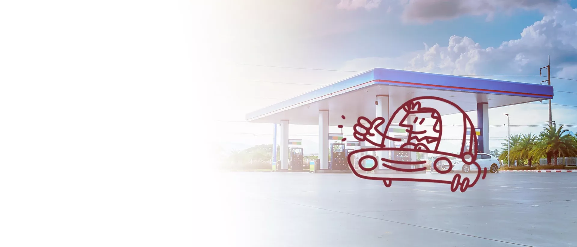 Ilustración de persona dentro de un coche en una gasolinera